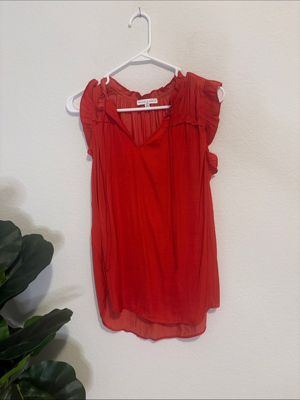 Maison D’Amelie Paris coral Red Ruffle-Trim V-Neck Blouse with satin feel Small